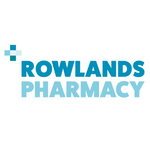Logo of Rowlands Pharmacy with blue text and square graphic.
