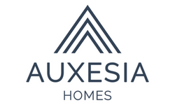 Logo of Auxesia Homes with three triangular lines above the text.