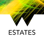 Abstract design with 'ESTATES' text, featuring yellow and green elements.