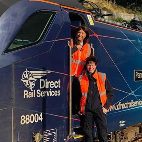 Two people in orange vests pose with a Direct Rail Services train.
