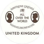 Logo of Søstrene Grene with two profiles and text 'All Over The World United Kingdom'.