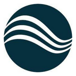 Circular logo with three white wave lines on a dark blue background.