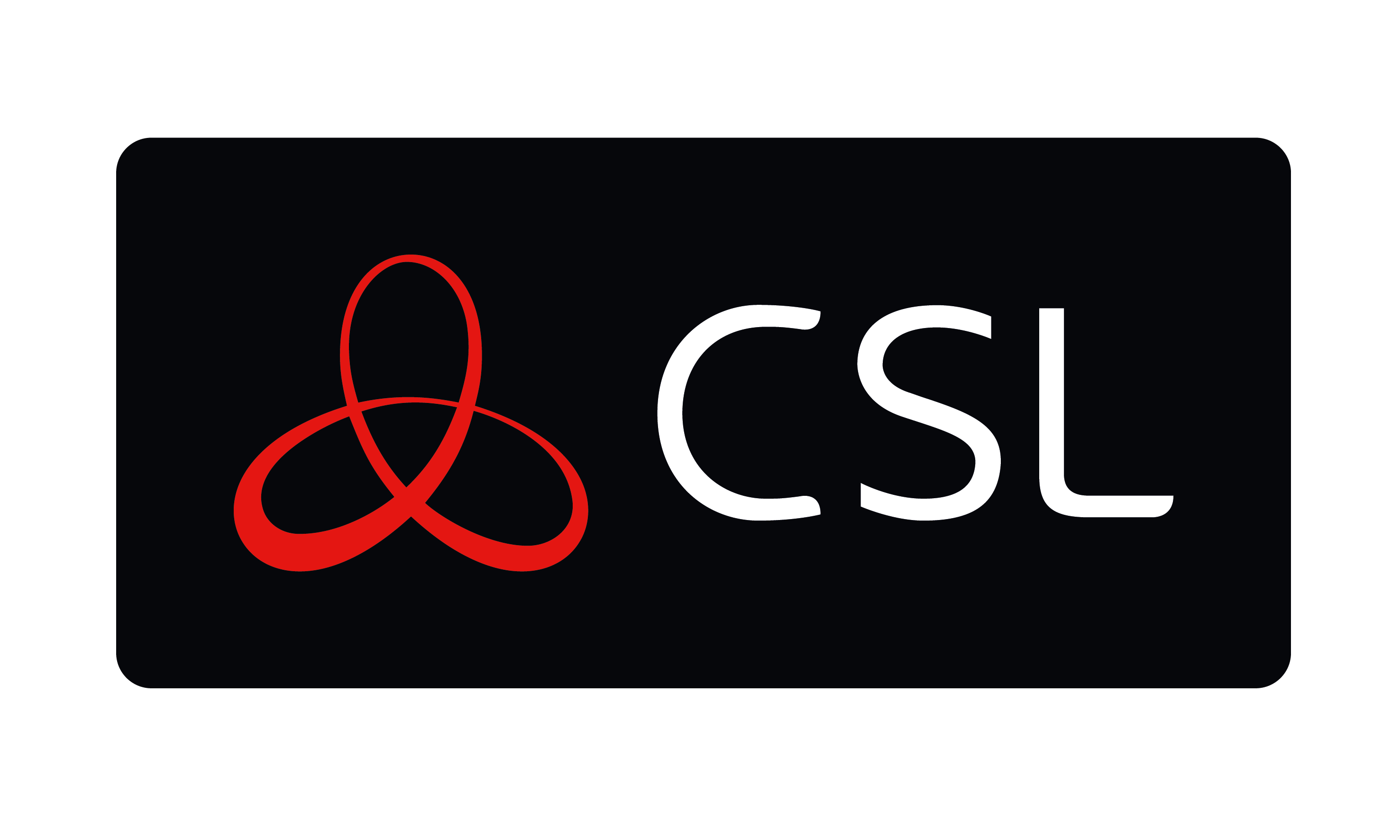CSL logo with abstract red symbol on black background.