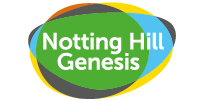 Colorful logo with text 'Notting Hill Genesis' on green background.