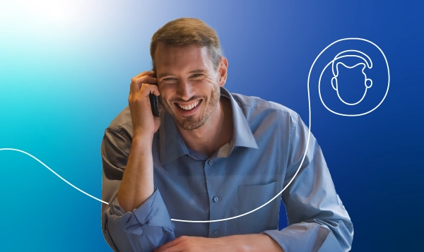 A man making a call while smiling & a blue gradient background.