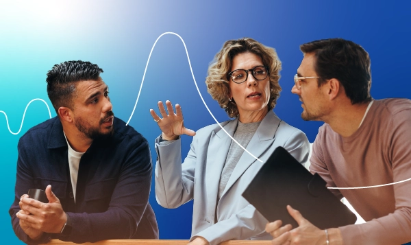 Three coworkers with a gradient blue background.