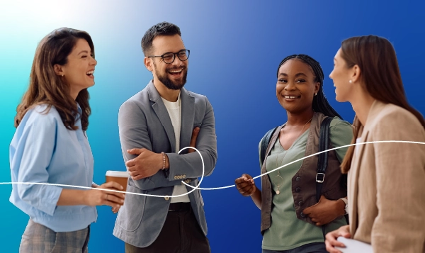 A group of coworkers smiling & a gradient blue background.