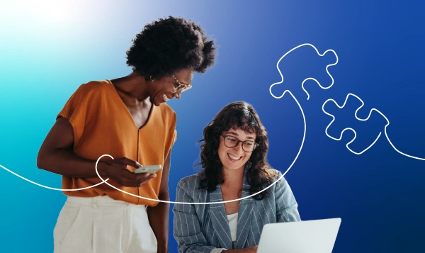 Two ladies with a laptop and a blue gradient background.