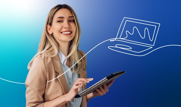 A young lady smiling with a mobile phone and a blue gradient background.