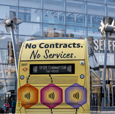 TfGM bus reart signage: No contracts. No Services. TGFM Commercial Services