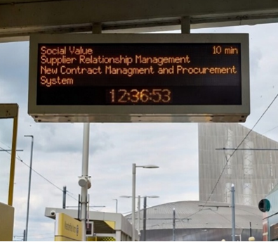 Train announcement sign: Social Value, Supplier Realtionship Management, New Contract Management & Procurement System