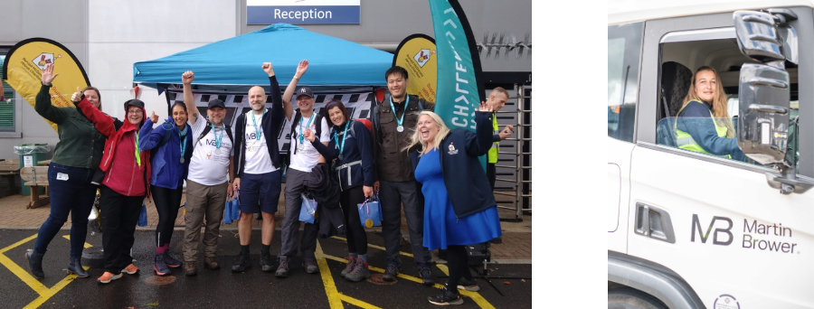 Team picture and female in van