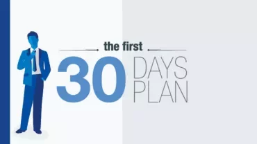 Illustration of a person in a suit with text 'the first 30 days plan'.
