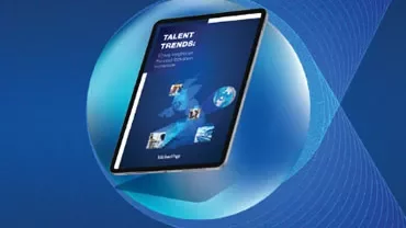 Futuristic digital tablet displaying a talent trends report on a blue background.