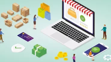 Illustration of online shopping with a laptop, smartphone, packages, and currency symbols.