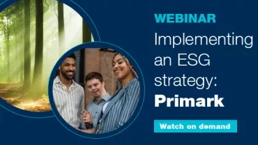 Webinar on ESG strategy with image of smiling people and forest scene.