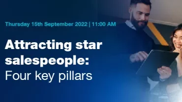 Event on attracting top sales talent, focusing on four key pillars with a smiling duo reviewing a tablet.