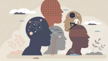 Abstract illustration of human profiles with brain motifs and a small figure climbing a ladder.