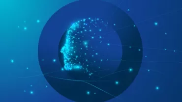 Digital face silhouette made of glowing dots on a blue background.