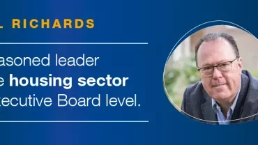 Portrait of a leader in the housing sector, with light text on a blue background.