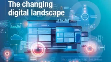 Digital devices and icons with 'The changing digital landscape' text.