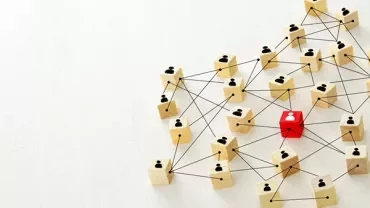 Wooden blocks connected by lines with a central red block