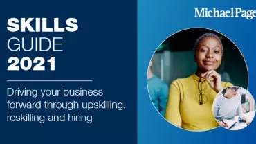 Cover of the Skills Guide 2021 by Michael Page, featuring a motivational phrase and two people engaged in discussion.
