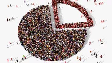 A pie chart made of people standing in groups, showing three segments.