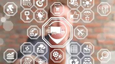 Person interacting with virtual icons related to logistics and technology.