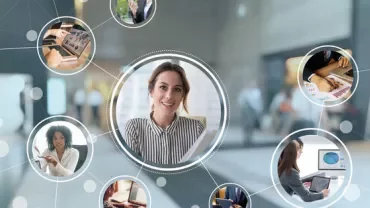 Collage of people working in various business environments connected by digital lines.
