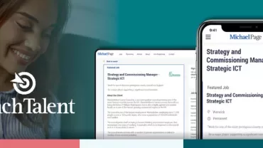 Person viewing job listing on a mobile and desktop screen for ReachTalent.