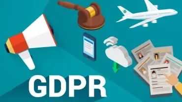 Illustration of GDPR with icons like a megaphone, gavel, airplane, cloud, and documents.