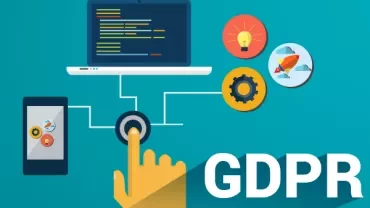 Illustration of GDPR elements with a laptop, smartphone, and icons on a blue background.