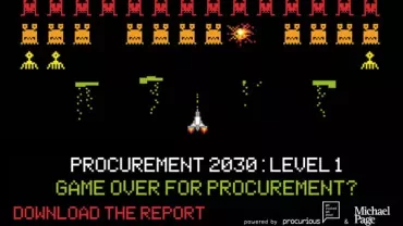 Retro-style video game spaceship with the text: 'Procurement 2030: Level 1. Game Over for Procurement?'