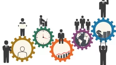 Graphic of people and gear wheels symbolizing teamwork and global business concepts.