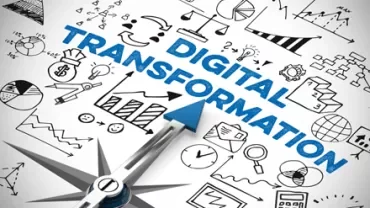 Compass pointing to 'Digital Transformation' surrounded by digital icons and graphs.