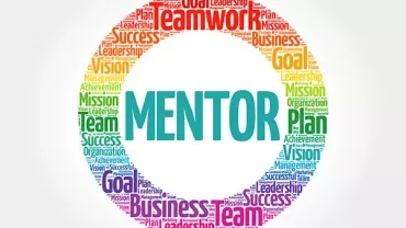 Colorful word cloud in a circle with 'Mentor' at the center.