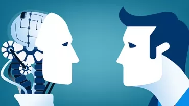 Illustration of a human and a robot face to face, with gears inside the robot's head.