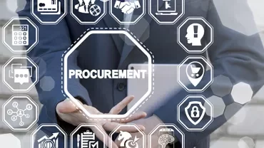 Person in suit with digital procurement icons overlayed.
