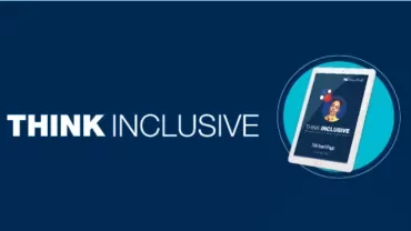 Blue background with 'Think Inclusive' text and e-book cover showing a smiling face and icons.