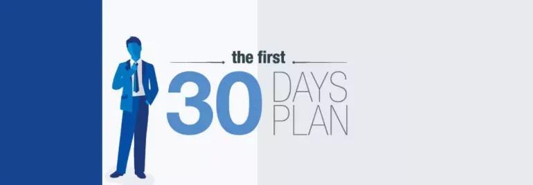 Illustration of a person in a suit with text 'the first 30 days plan'.