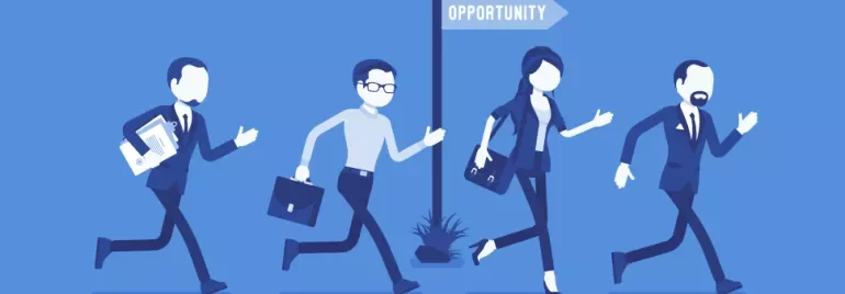 Four people running towards a sign labeled 'Opportunity' on a blue background.