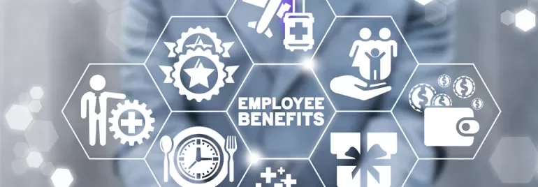 Hexagons showing employee benefits like health, family, money, and time symbols.