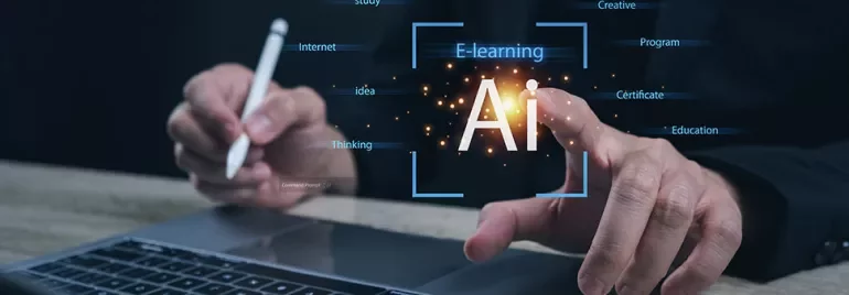 Person using a stylus on laptop with floating AI and e-learning terms.