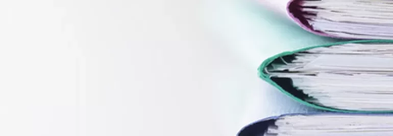 Stack of colorful ring binders filled with documents