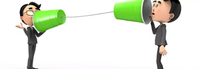 Two animated figures communicating with cup phones, facing each other.