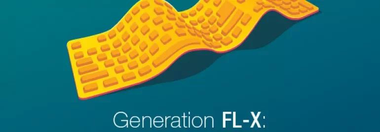 Illustration of a flexible yellow keyboard on a teal background, text reads Generation FL-X: A New Generation of Worker.