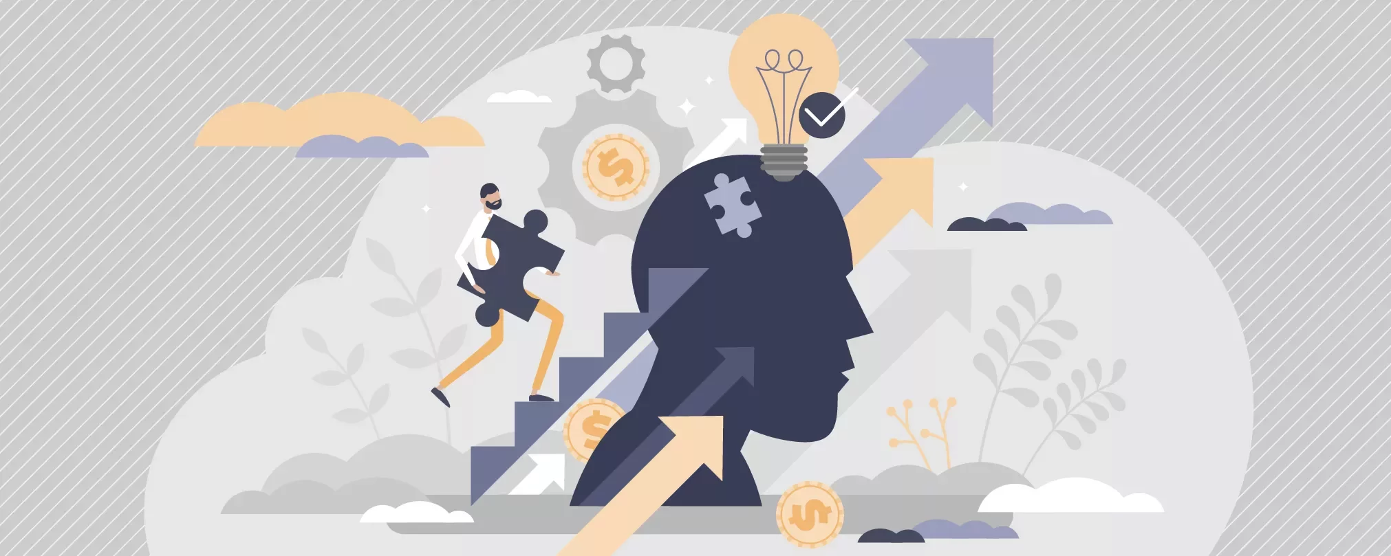 Illustration of a person climbing stairs with puzzle piece, head silhouette with arrows and lightbulb.