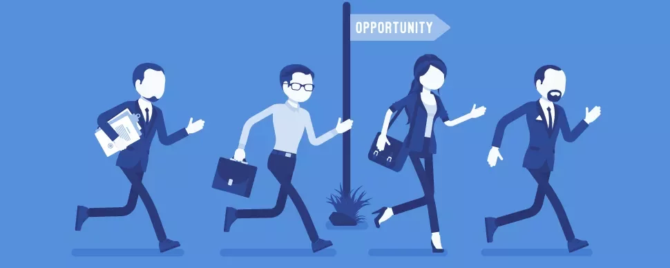 Four people running towards a sign labeled 'Opportunity' on a blue background.