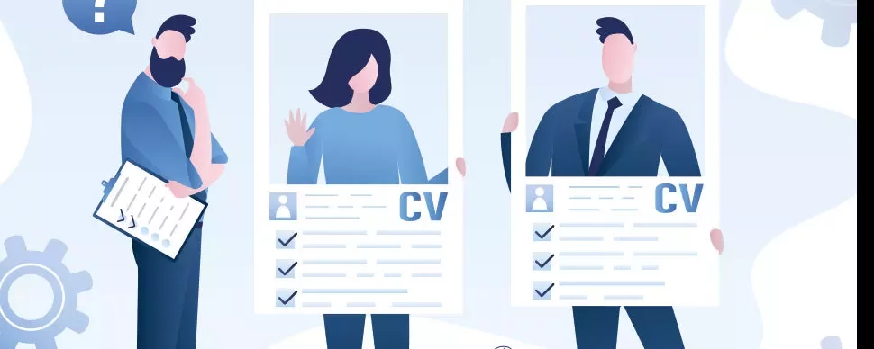 Illustration of three individuals with resumes, one holding a checklist.